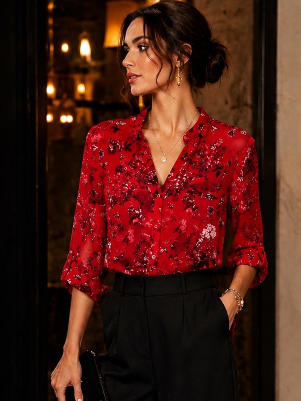 Kut from the Kloth Top XLarge Red Floral Sheer Chiffon Long Sleeve Artsy Blouse